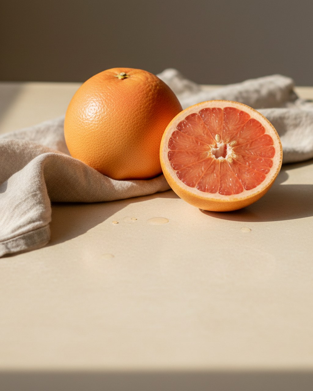 A whole grapefruit with a cut half showing pink flesh