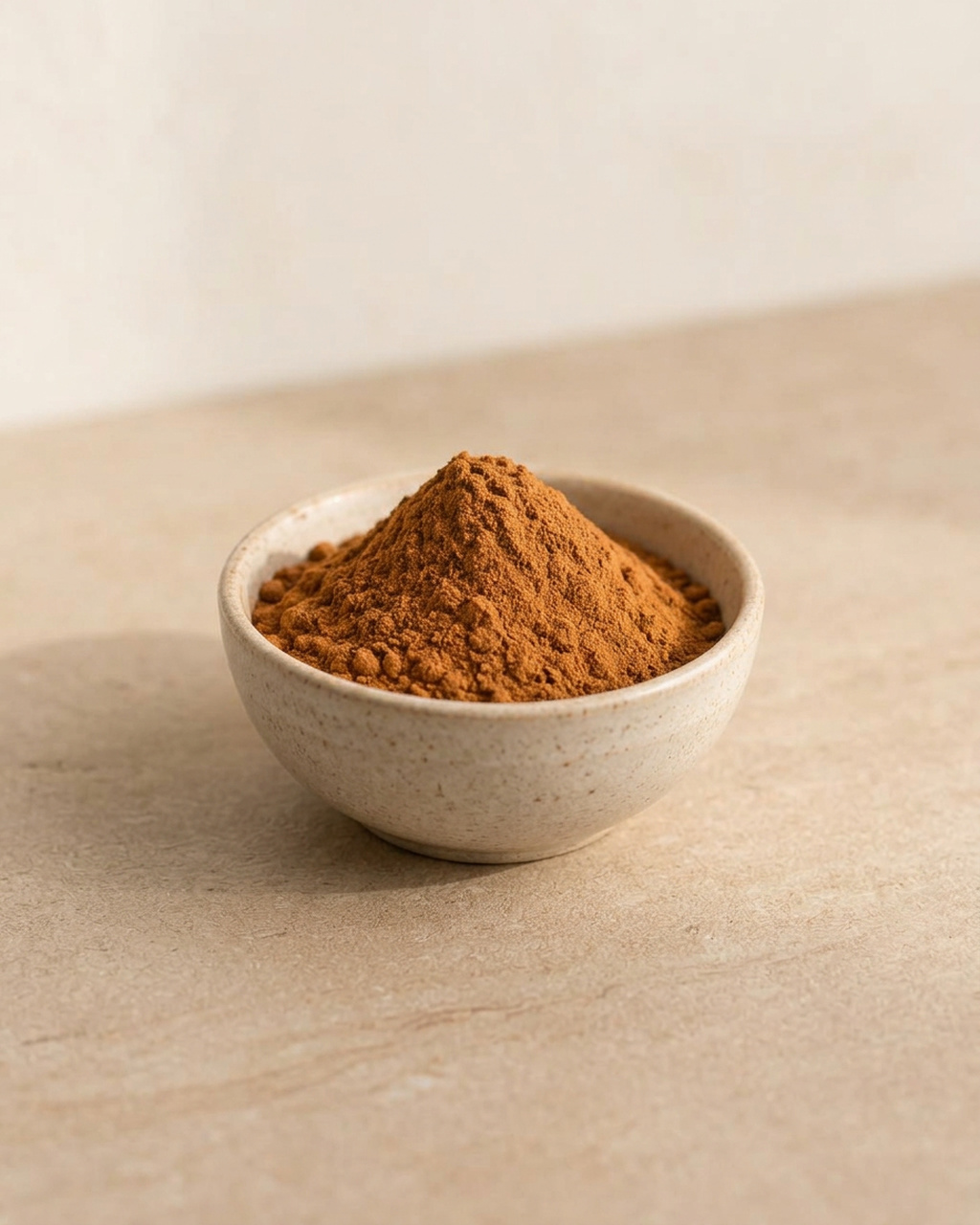 A small neutral bowl of ground cinnamon on a warm matte surface