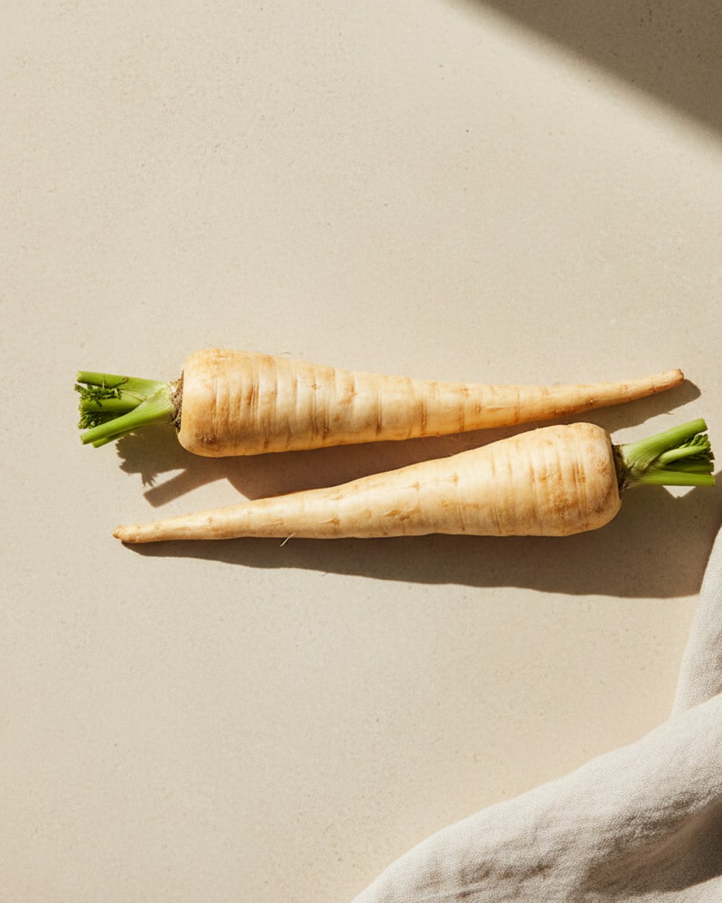 Two fresh parsnips side by side on a warm cream surface