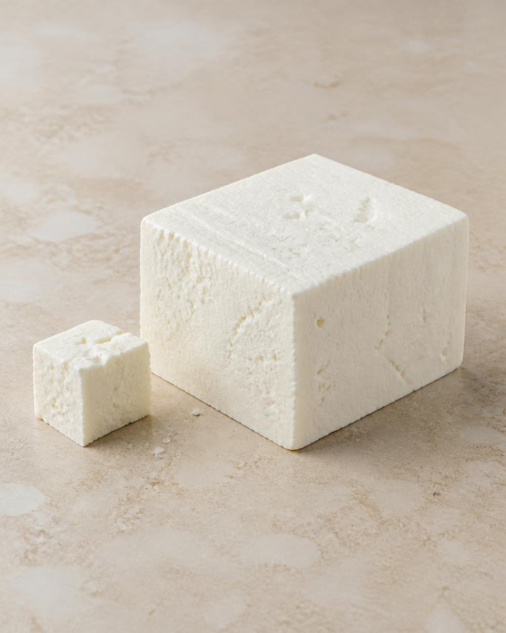 A block of feta cheese with a small cut cube on a warm cream stone surface