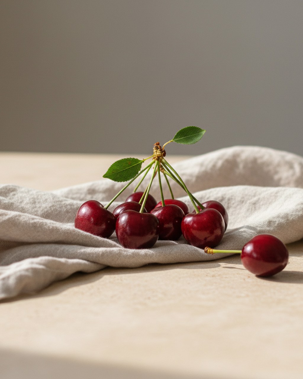 A small cluster of fresh dark red cherries with stems