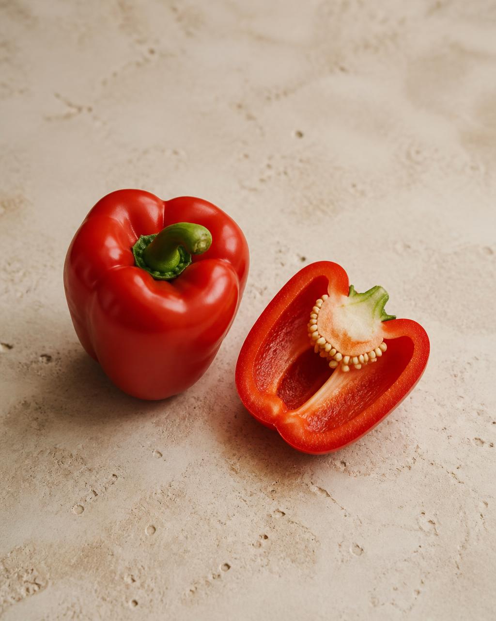 A whole red bell pepper beside a cut half on a warm cream stone surface
