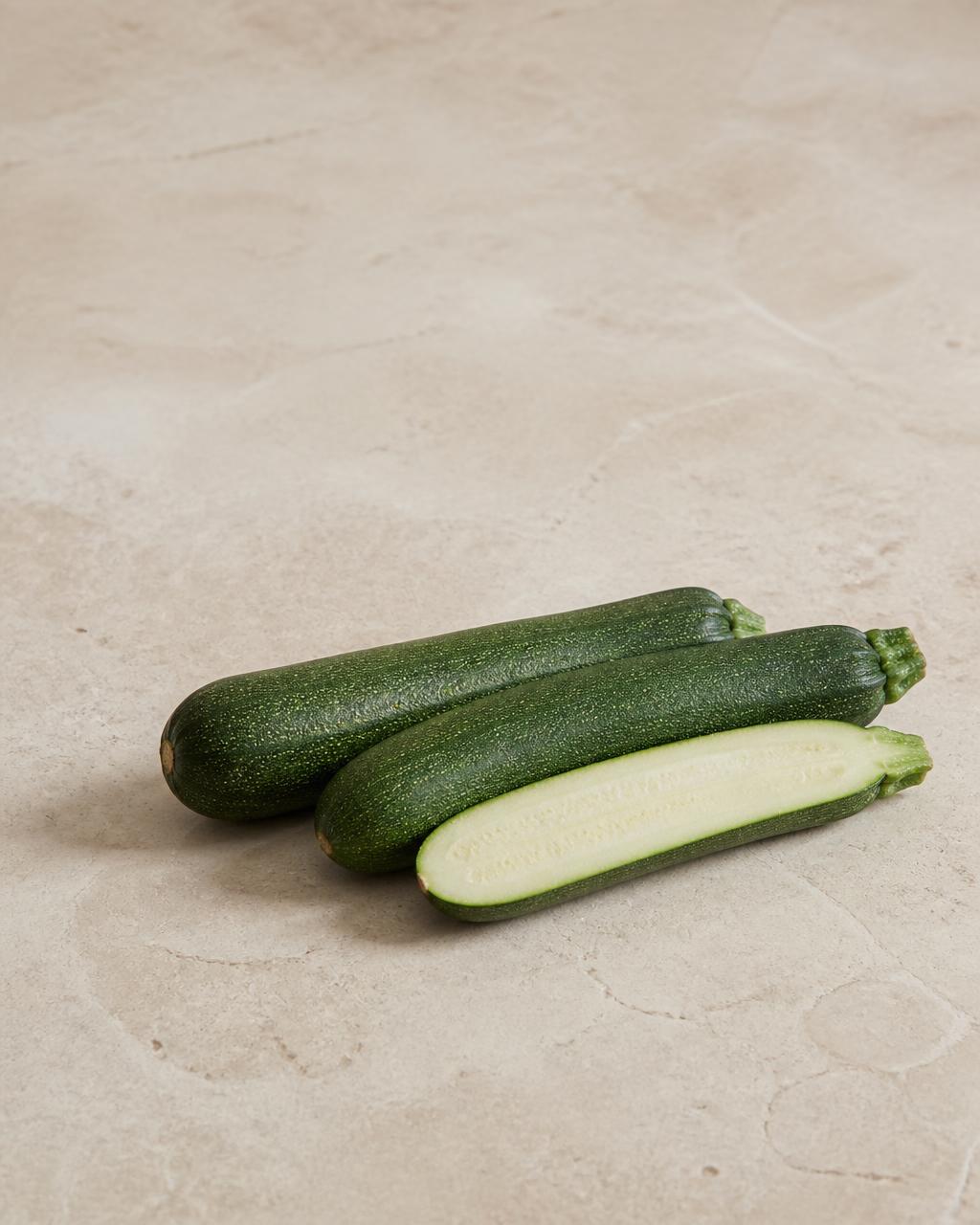 Two whole zucchini and one halved zucchini on a warm cream stone surface