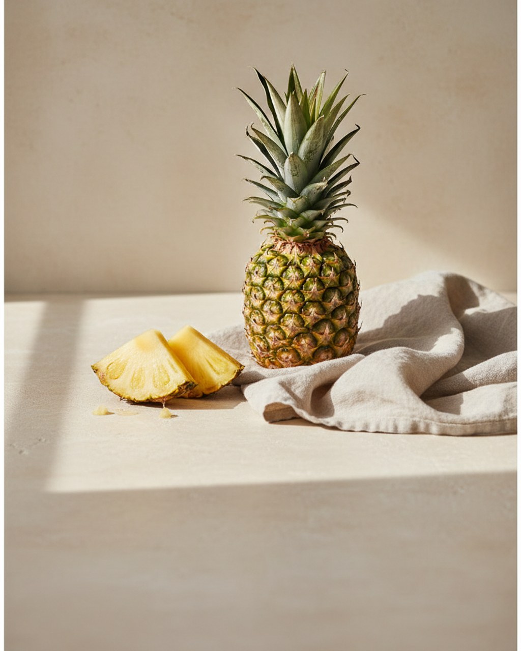 A small whole pineapple with two fresh slices beside it