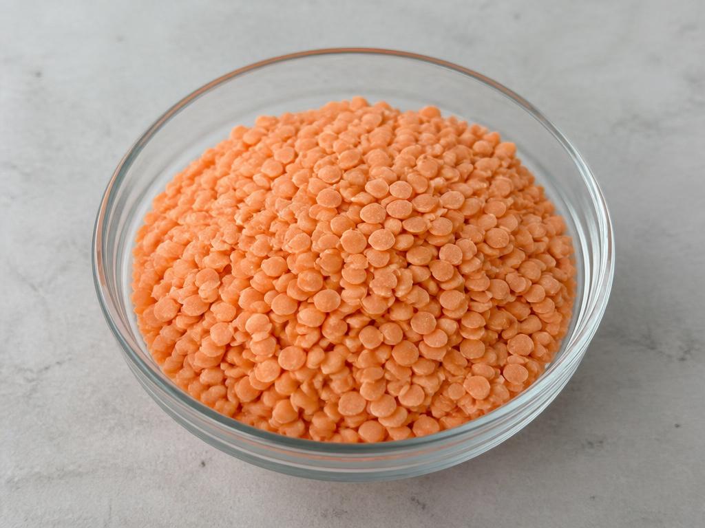 Glass bowl of dry split red lentils
