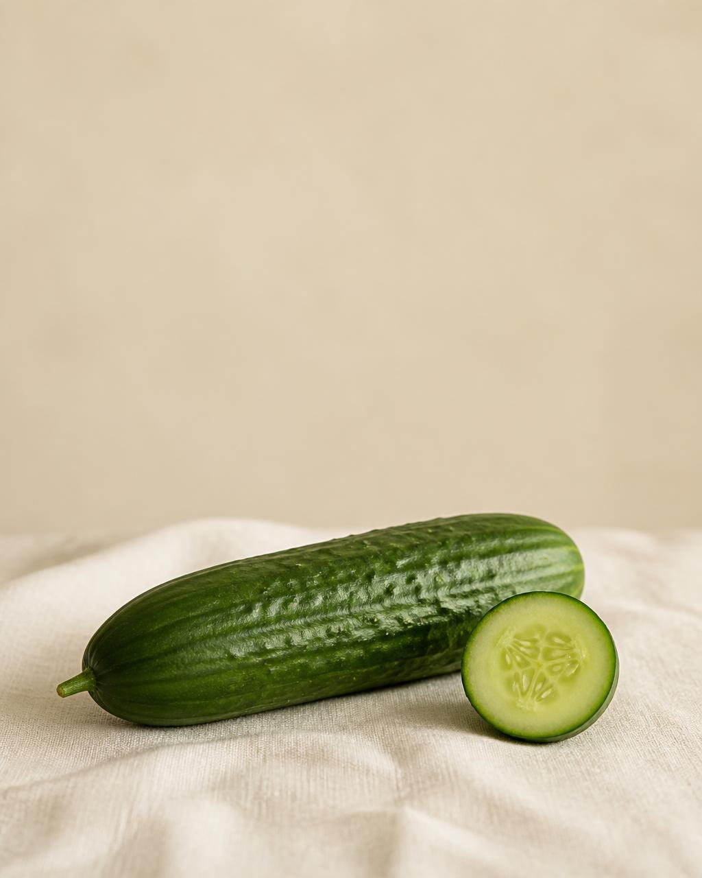 A whole cucumber with a cut slice beside it