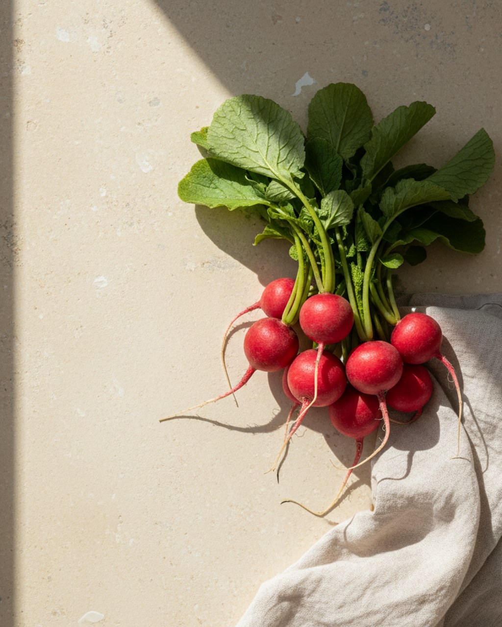 A small handful of fresh red radishes with trimmed leaves