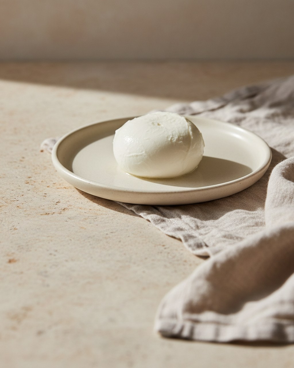 A ball of fresh mozzarella on a small white plate