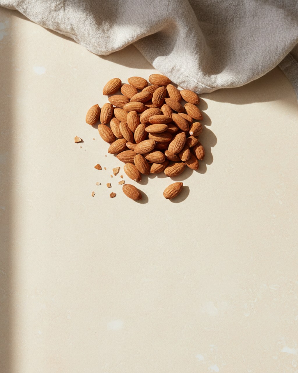 A small heap of whole raw almonds on warm cream stone