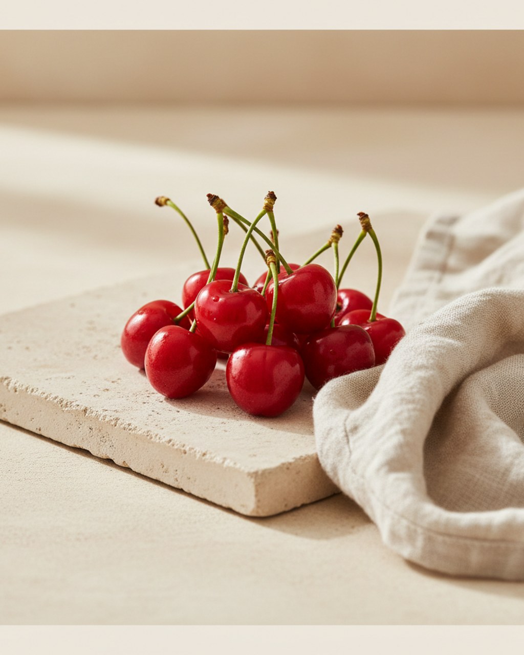 A small handful of bright red sour cherries with stems