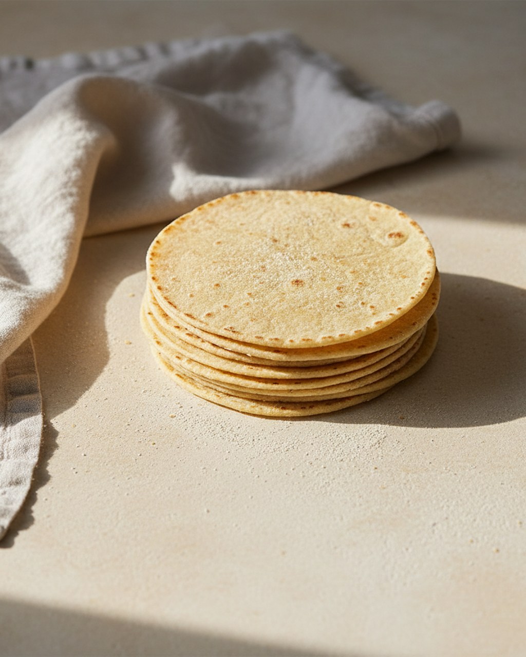A small stack of plain corn tortillas on a warm cream surface