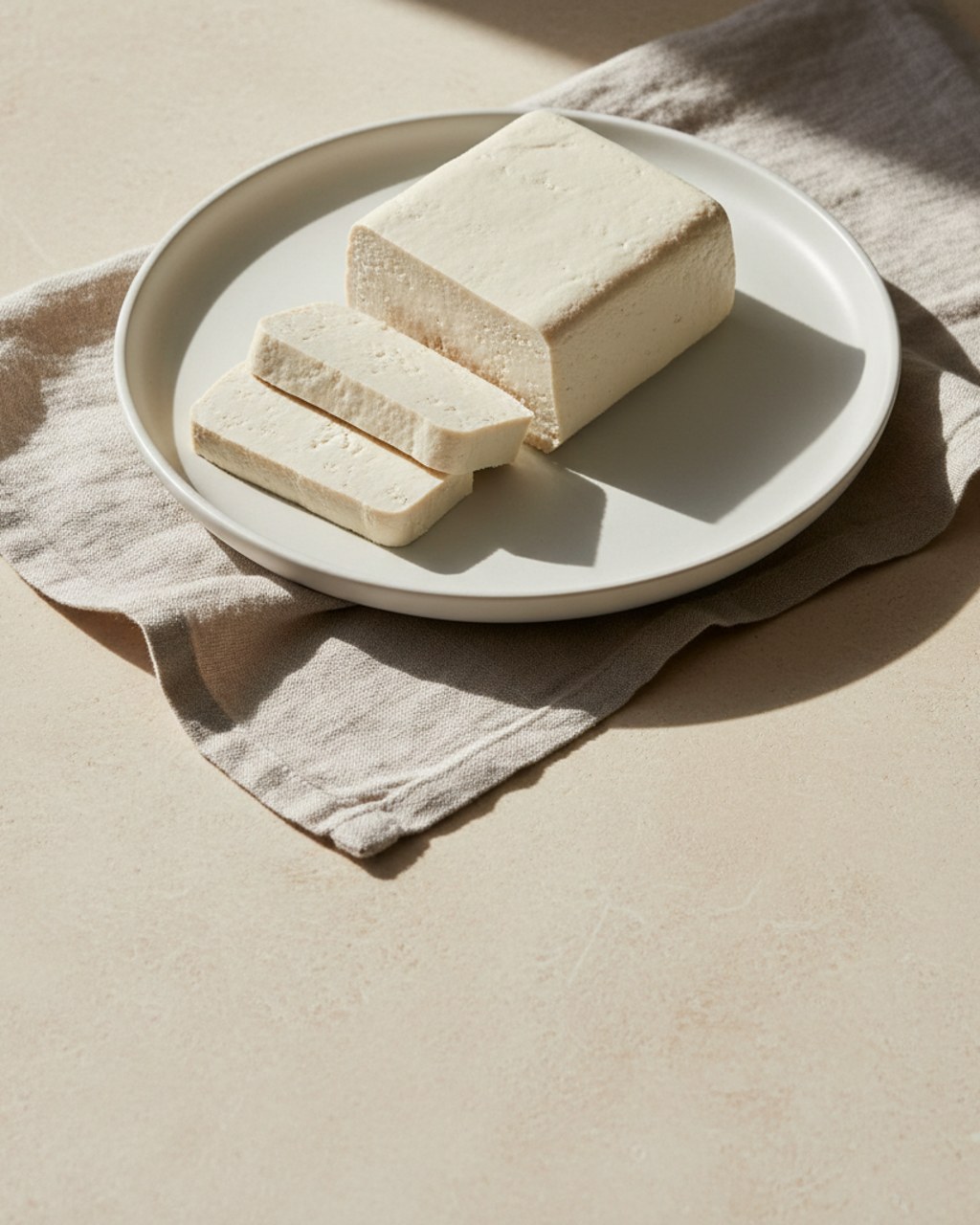 A block of firm tofu with two cut slices on a white plate