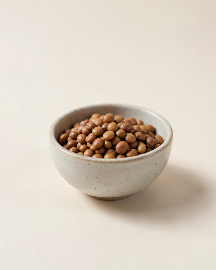 Brown lentils, cooked on a light neutral background