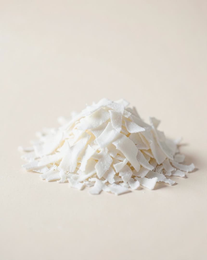 Coconut flakes, unsweetened on a light neutral background