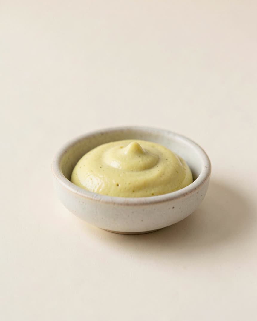 Dijon mustard on a light neutral background