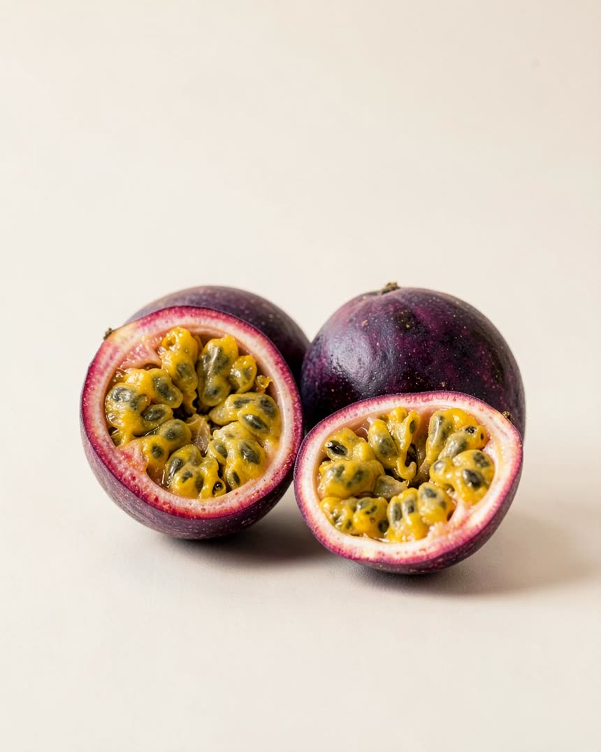 Passionfruit on a light neutral background